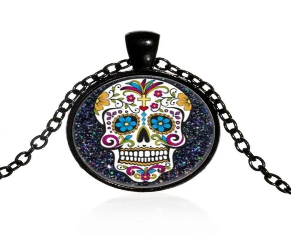 Pendentif Colliers Mexicain Sucre Crâne Jour Des Morts Collier Chaîne Noire Squelette Verre Bijoux Classique XL15265710282925401