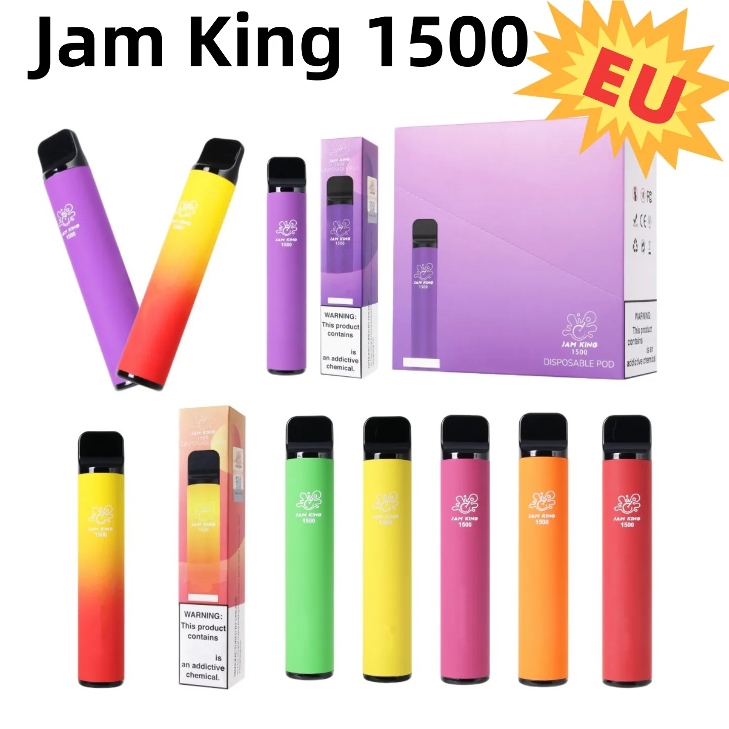 EU Stock Jam King 1500 Puff Bar Disponible Vape Pen Elf Bar 4.8 ml 20 mg 850mAh Batteri E Cigarettkristall Vape Bang Vape Sigaretta Elettronica