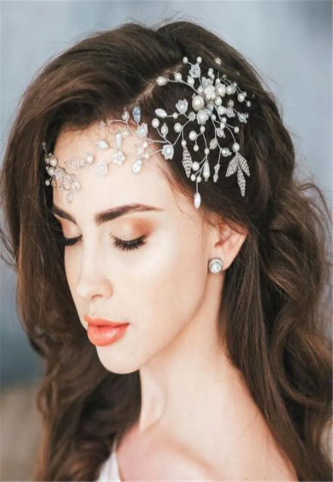 Pearl Headband Forehead Hair Chain Jewelry Wedding Bridal Flower Tiara Crown Hair Accessories Party Prom Headdress Silver Head Pie5852764