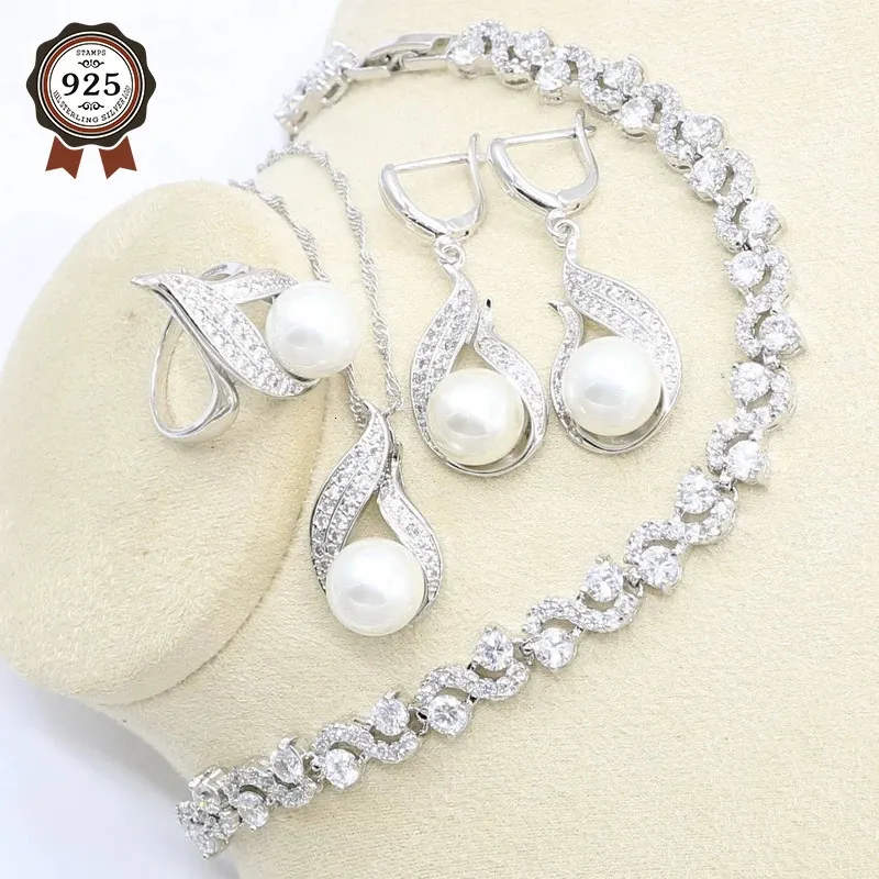 Vitt sötvatten Pearl Silver 925 Smycken Set för kvinnor Zirkonarmband örhänge Halsband Pendant Ring Birthday Present 240102