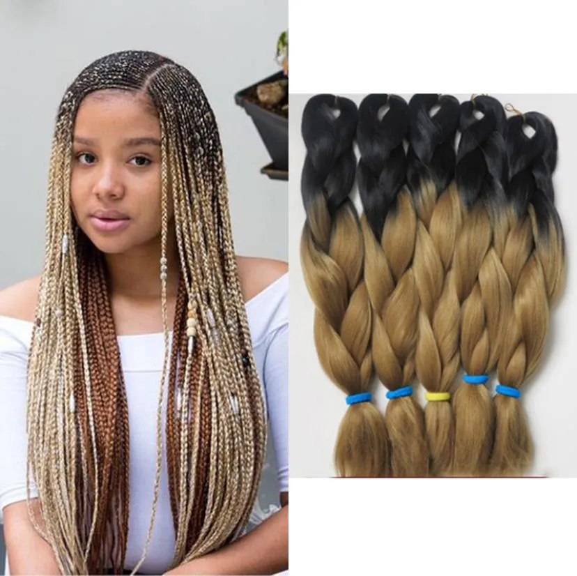 Ombre Kanekalon Intrecciare i capelli 1B30 Due toni Ombre Colore Trecce jumbo sintetiche Capelli Interi Estensione dei capelli all'uncinetto Piegati 24 I9274039