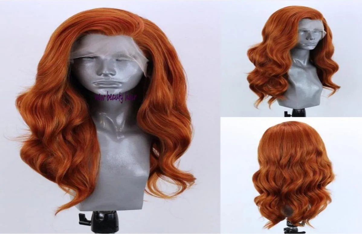 Teil Orange Farbe brasilianische Perücke natürliche lange Körperwelle Kupfer rot vorgezupfte synthetische Lace Front Perücke für weiße Frauen1358676