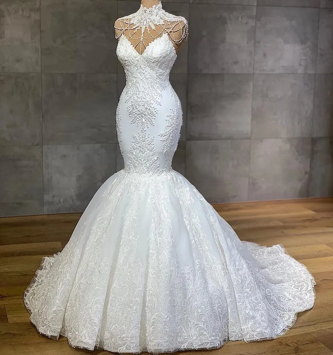 2024 Graziosa sirena in rilievo abito da sposa in pizzo senza spalline scollo a V abiti da sposa Sweep Train Tulle applicato tromba Abiti da sposa