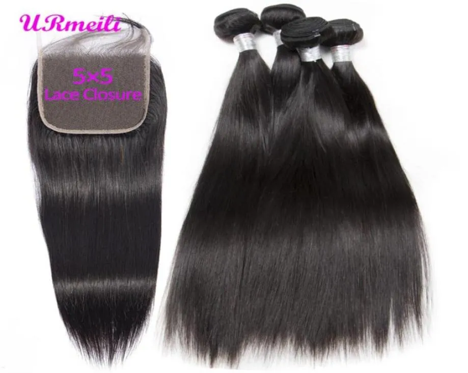 Straight Hair Bundles With 5x5 Lace Closure Brazilian Virgin Hair Weave 34 Bundles With Closure Natural Black Remy Hair Extension46024539