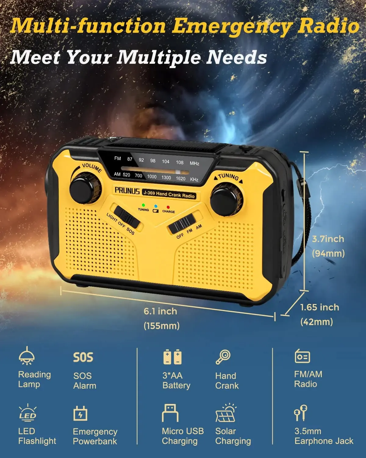 Radio Urgence Solaire Et à Manivelle - AM/FM/NOAA, Lampe Torche, Chargeur USB 2000mAh - Alarme SOS