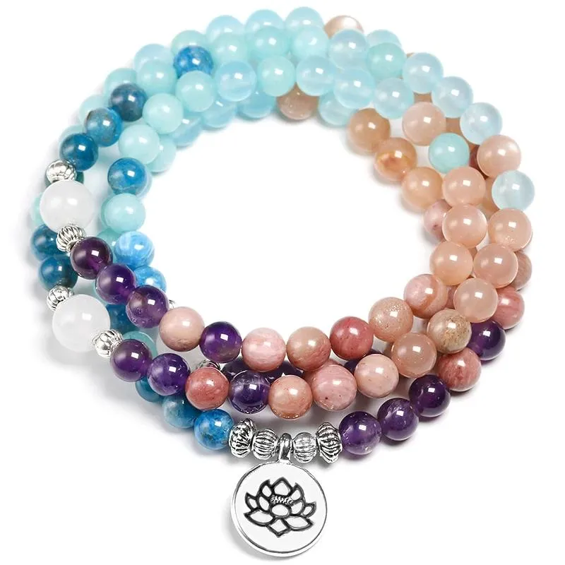 Jewelry Apatite with Rhodochrosite Natural Stone Meditation Mala 108 Beads Handmade Yoga Bracelet Women Men Charm Jewelry