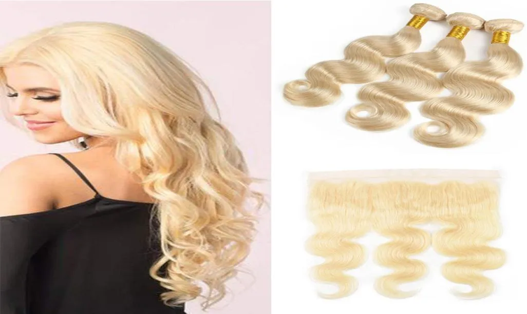 Cheveux vierges brésiliens 613 blonds 3 faisceaux avec fermeture frontale haut dentelle frontale et faisceaux tissage de cheveux ondulés et frontal7866200