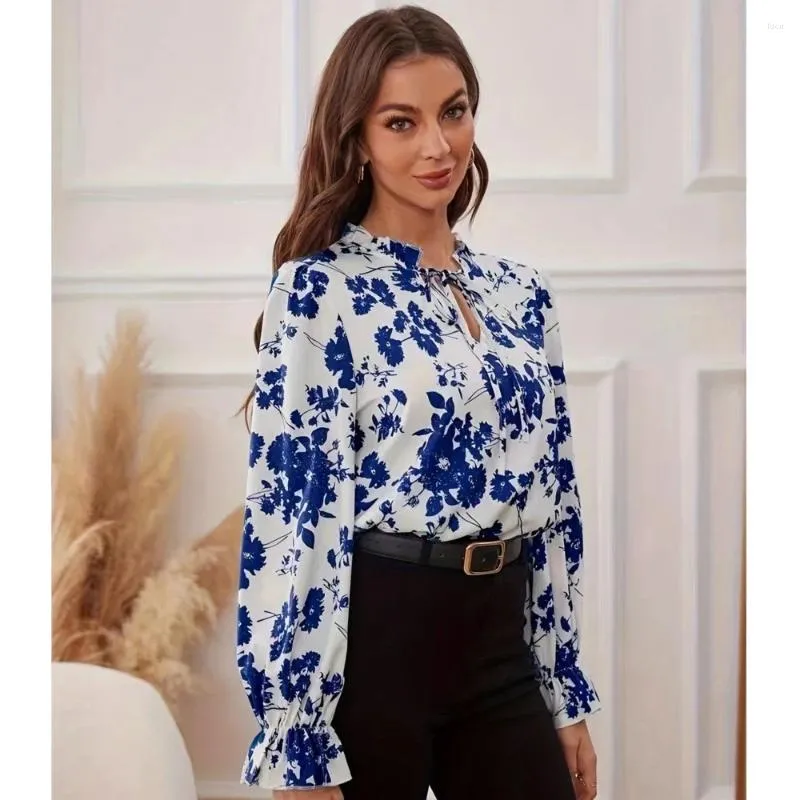 Women's Blouses Floral Print Women & Shirts 2024 Spring Pullover Tops Elegant V-neck Lace-up Flare Sleeve Ladies Loose Casual Blouse