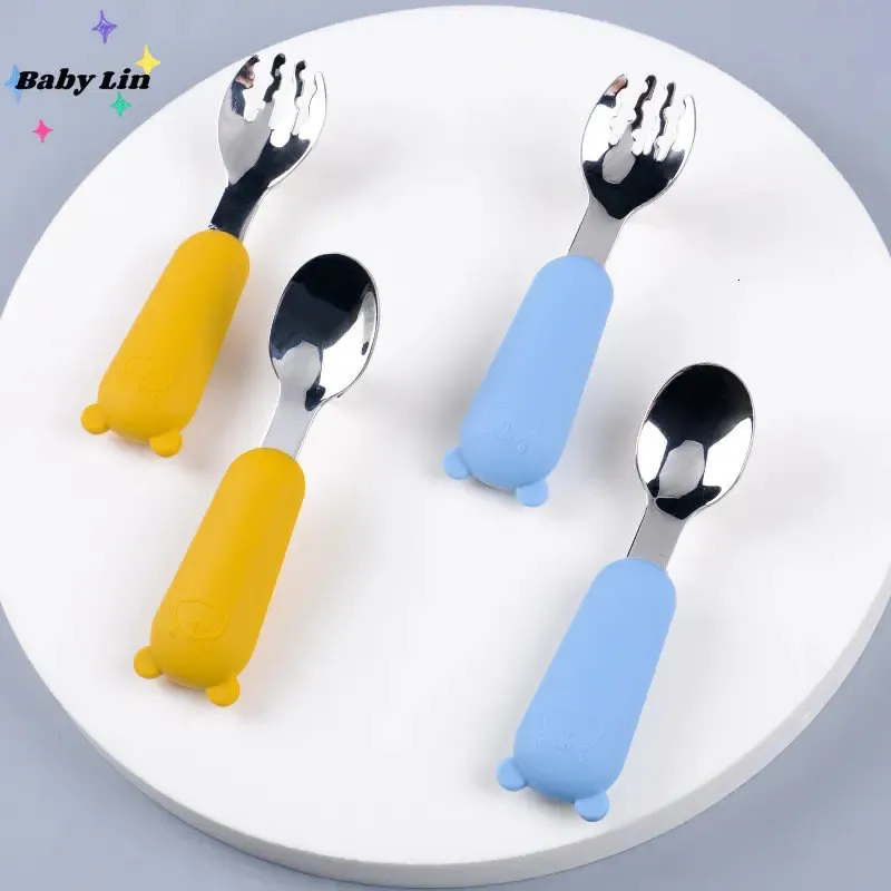 Baby Cartoon Table Seary Set Children Utensil Rostfritt stål Småbarn Moderparti Cotlary Cartoon Spädbarn Mat Feed Spoon Fork 240102