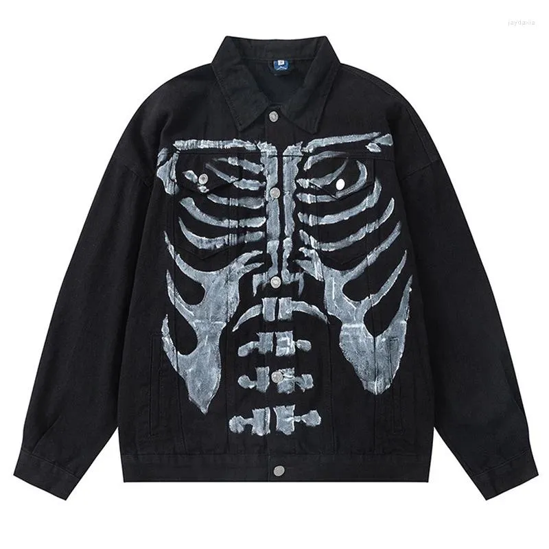 Men's Jackets Men Hip Hop Streetwear Vintage Skull Skeleton Graffiti Denim Jacket 2024 Y2K Harajuku Cotton Sweatshirt Couple Hipster Coats