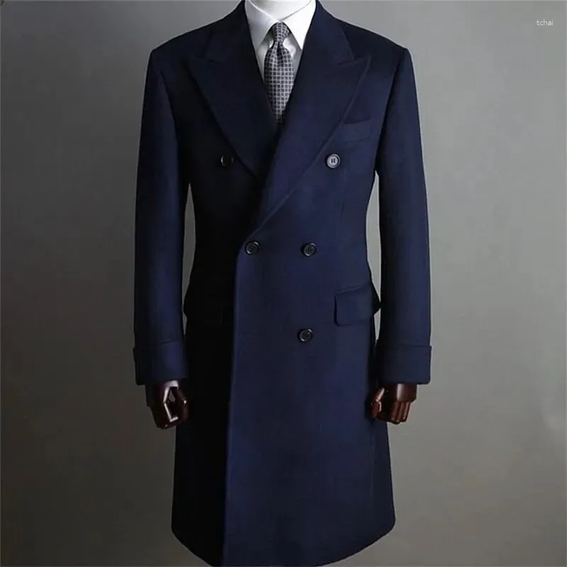 Costumes pour hommes Blazer bleu marine longue veste d'hiver une pièce à double boutonnage revers manteau formel tenues d'affaires vêtements masculins 2024