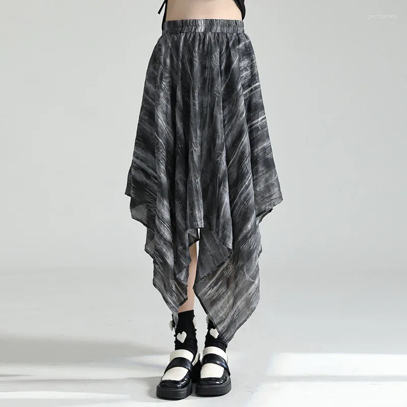 Skirts Woman 2024 Summer Dark Black Style Chinese Ink Tie-dyed Skirt Elastic Waist Irregular Midi Dress