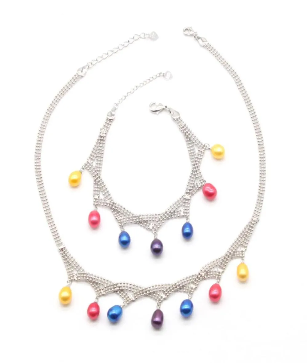 Freshwater Rice Pearl Pendant Necklace Bracelet Sets 78mm Dyed Color Oval Pearl Mounted On Silver Plated Chain Necklace for Women2532267