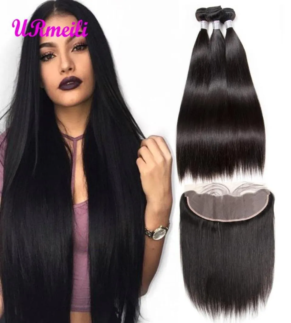 Paquetes de cabello virgen liso de Malasia, 34 paquetes con tejido frontal de oreja a oreja, paquete de cabello humano Remy y cierre frontal de encaje con Bund4701805