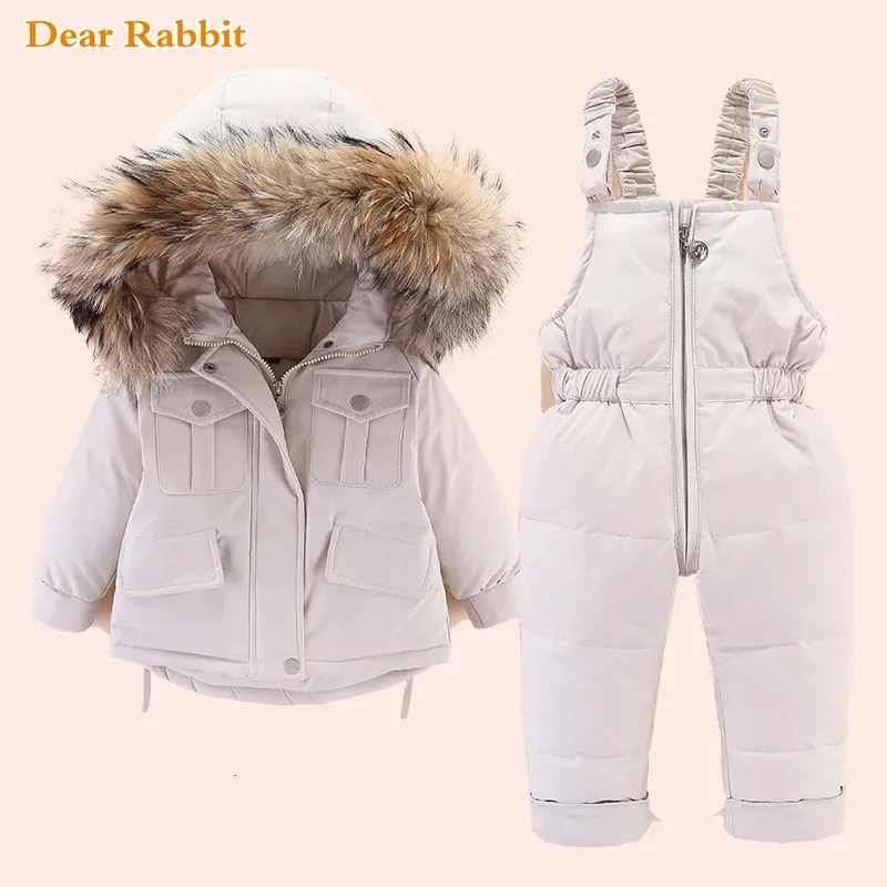 Winter Down Jacket For Girl Clothes Kids Overalls Snowsuit Baby Boy Over Coat Toddler Year Clothing Set Parka Real Fur 231229