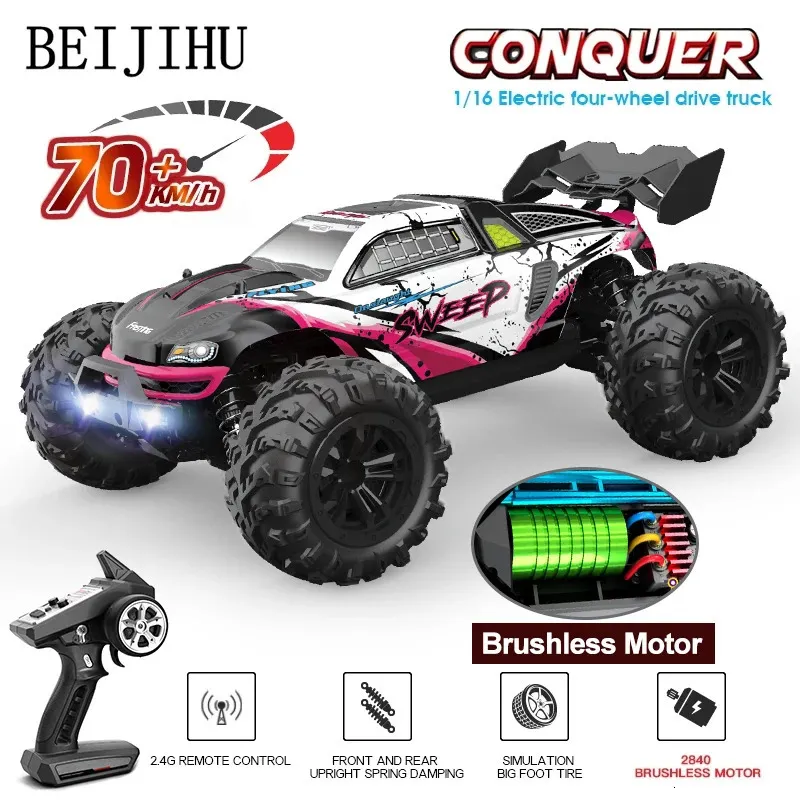 1 16 70KMH Brushless RC -bil med LED -ljus 4WD Remote Control High Speed ​​Drift Monster Off Road Truck vs Wltoys 144001 Toy 231229