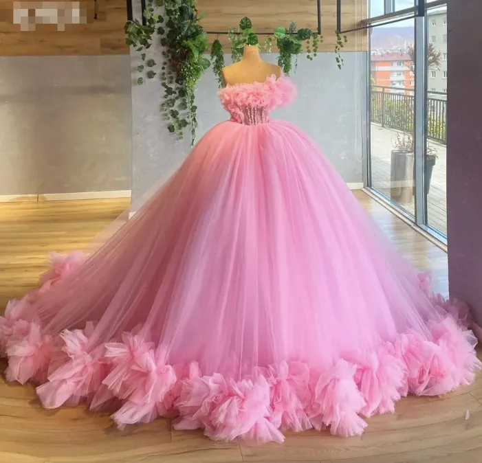 Roze Prinses Quinceanera Jurken Mouwen Applicaties Strapless Sweet 15 Jurk Prom Pageant Vestidos Bloemen Baljurken YD 328 328