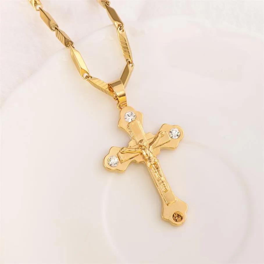 Ciondolo croce in oro giallo massiccio 18 k riempito con ciondoli CZ linee collana fabbrica di gioielli cristiani Dio regalo2142