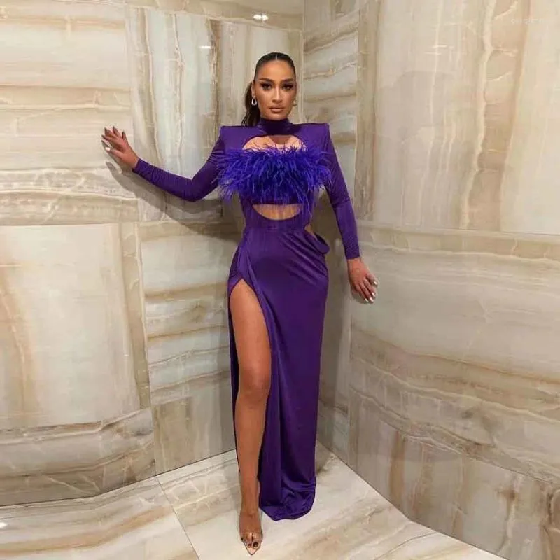 Robes de soirée frappant violet fente asymétrique longues robes maxi 4 voies tissu élastique sexy plume bal manches longues robe formelle