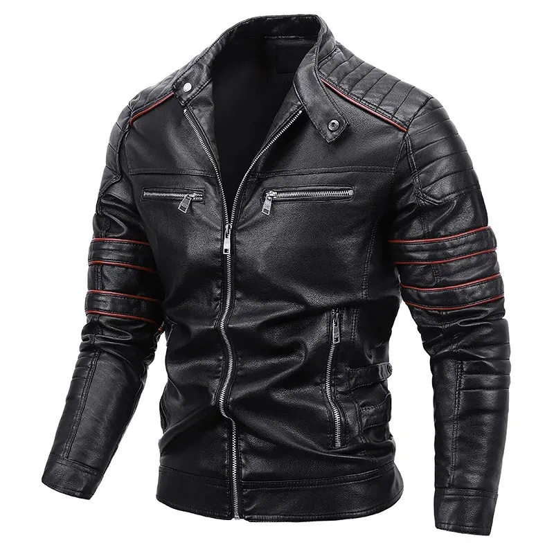 Mâle PU col montant fermeture éclair automne décontracté mince coupe-vent Chaquetas moto veste en cuir hommes hiver polaire tactique manteau 231229