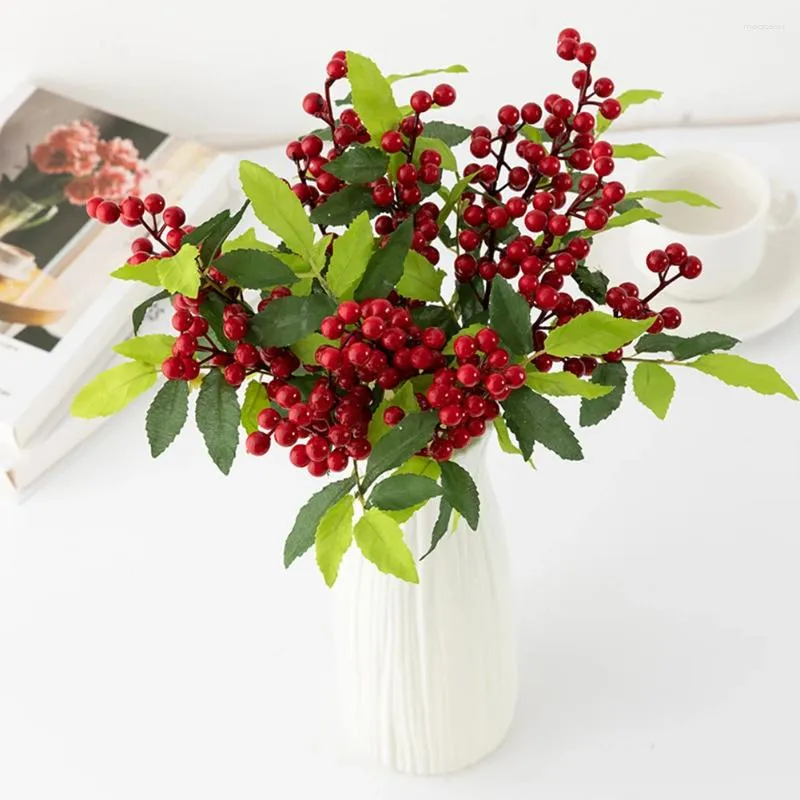 Flores decorativas 2 pçs natal simulado ramo de frutas vermelhas moda arranjos florais adereços para casa quarto
