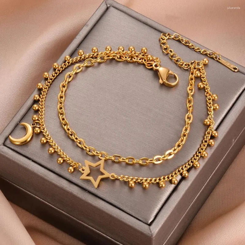 Länk armband rostfritt stål guldfärg skiktade armband enkel stjärna månhänge mode hand smycken för kvinnor gåva