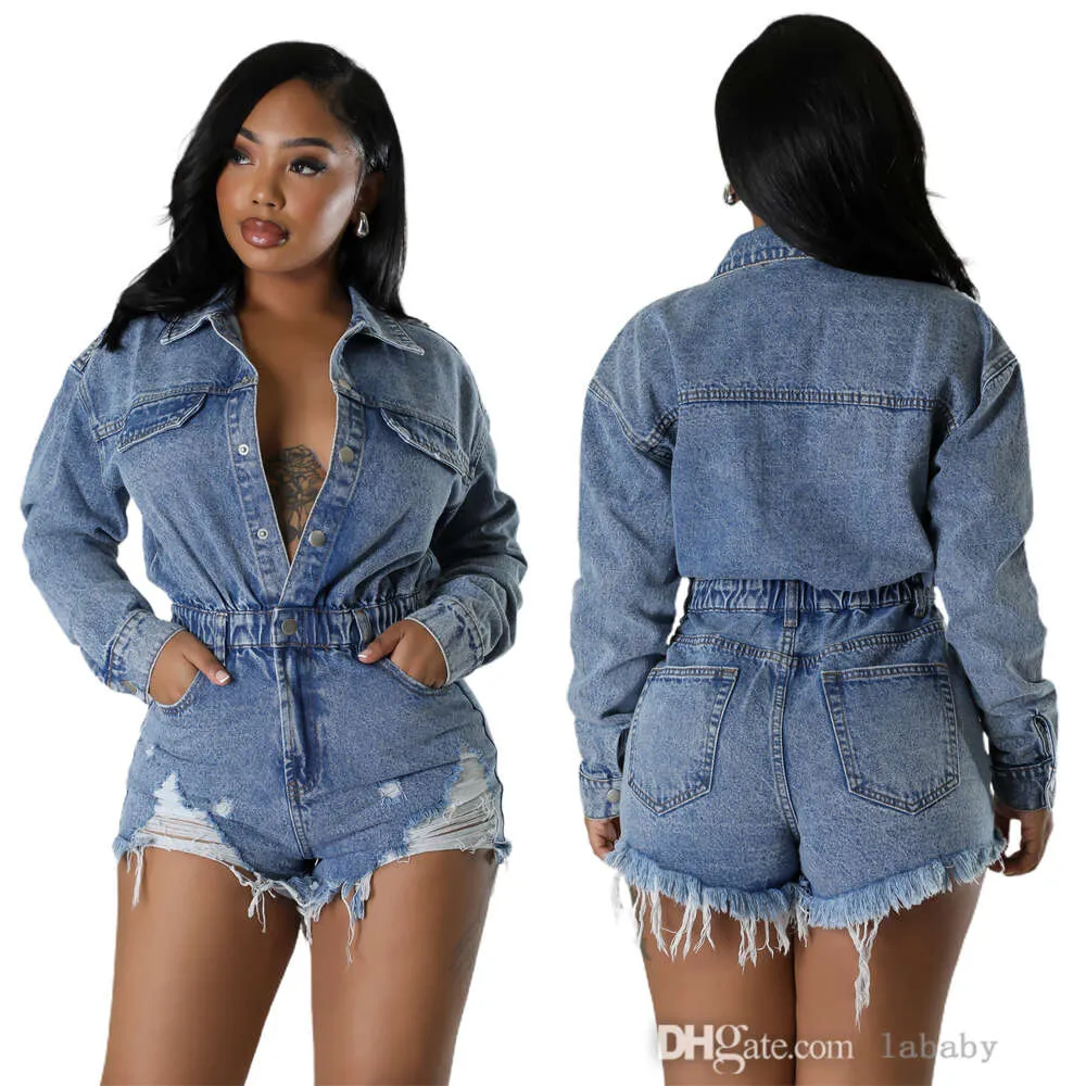 2024 Lente Nieuwe Jumpsuits Voor Vrouwen Hoge Elastische Mode Kwastje Losse Denim Jumpsuit Lange Mouw Shorts Jeans Body Pak