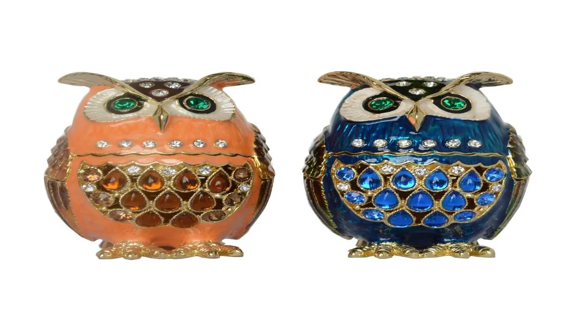 Dekoracja vintage Faberge Owl Bejewled Tinket Box Rhinestone Crystal Jewelry Box Metalowe Dekor Dekor Birthday Prezenty Kolekcje 6866251