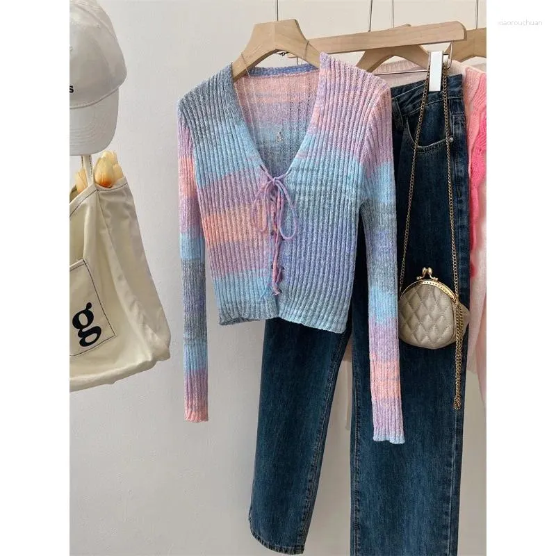 Kvinnors stickor Y2K Sweet Tie-Dye Gradient V-ringning Sexig snörning Stickad Cardigan 2024 Autumn Winter Stretchy Slim Troe