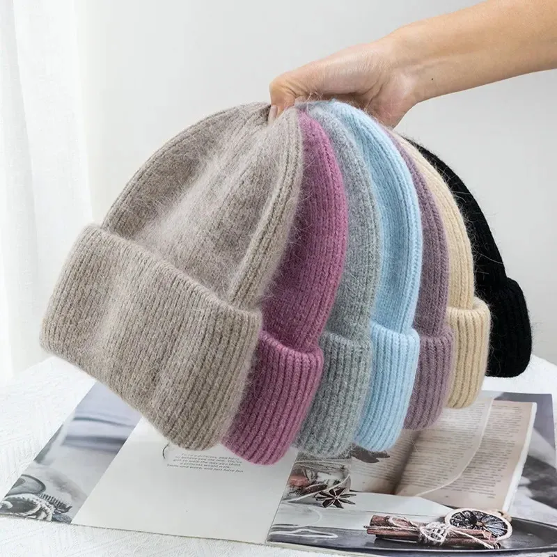 Winter Knitted Brim Fashion Warm Cashmere Wool Angora Rabbit Hair Women's Hat Women's Tri-fold Ski Outdoor Hat 240102