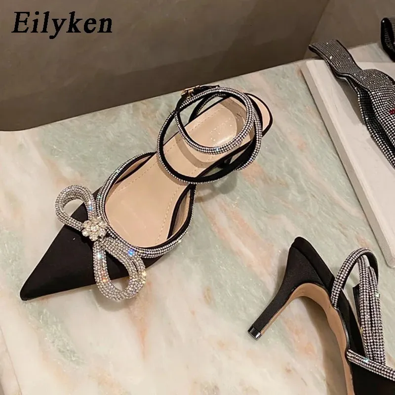 Eilyeken Style Glitter Rhinestones Silk Transparent Pumpar Women Crystal Bowknot Satin High Heels 6.5cm Party Prom Stripper Shoes 240102