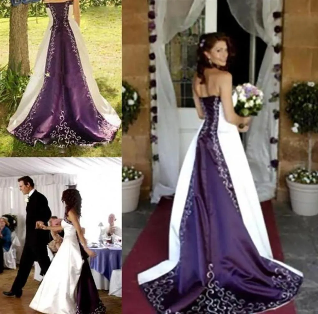 ライン見事な白と紫のウェディングドレス繊細な刺繍入りのカントリー素朴なブライダルファンシーガウン