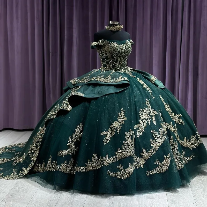 Zwartachtig Groen Baljurk Quinceanera Jurken 2024 Uit De Schouder Prinses Gouden Kant Applique Verjaardagsfeestje Vestidos De 15 Anos