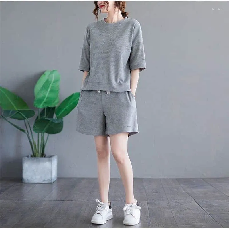 Mulheres Tracksuits Shorts Define Solto Manga Curta Waffle O-pescoço T-shirts e Calças de Perna Larga Moda Coreana Duas Peças Casuais Roupas Femininas