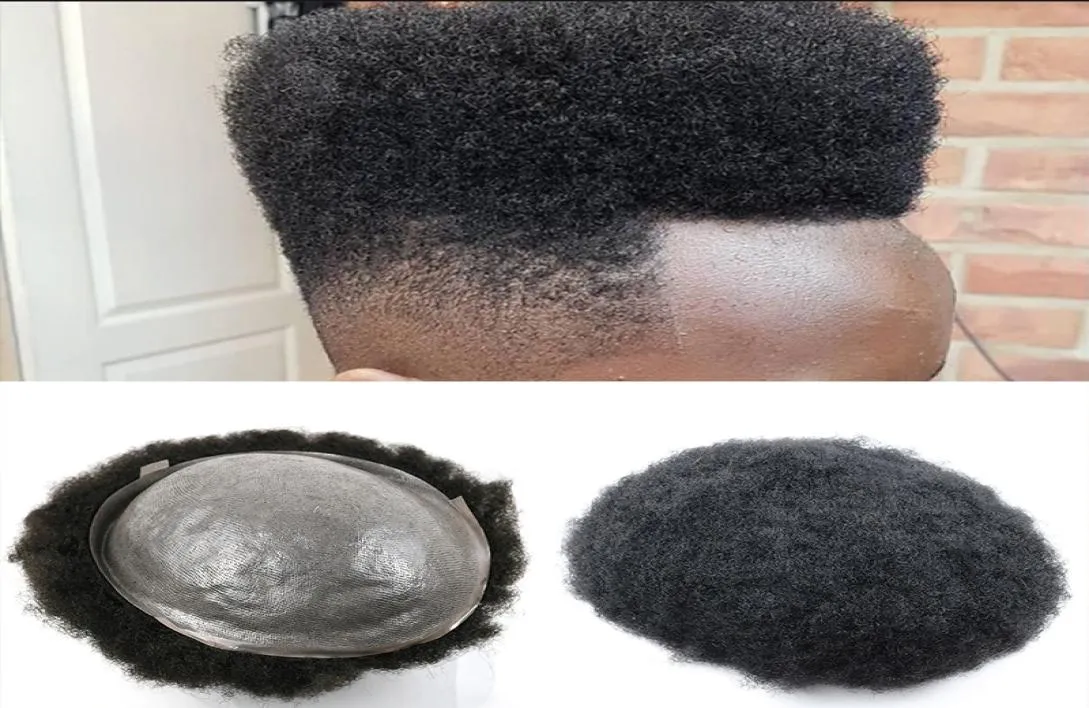 Afro Kinky Curly Human Hair Toupee for Men 1 Jet Black Brazilian Virgin Hair Full Hand Made 8x10 PU Skin Toupee Male8939542