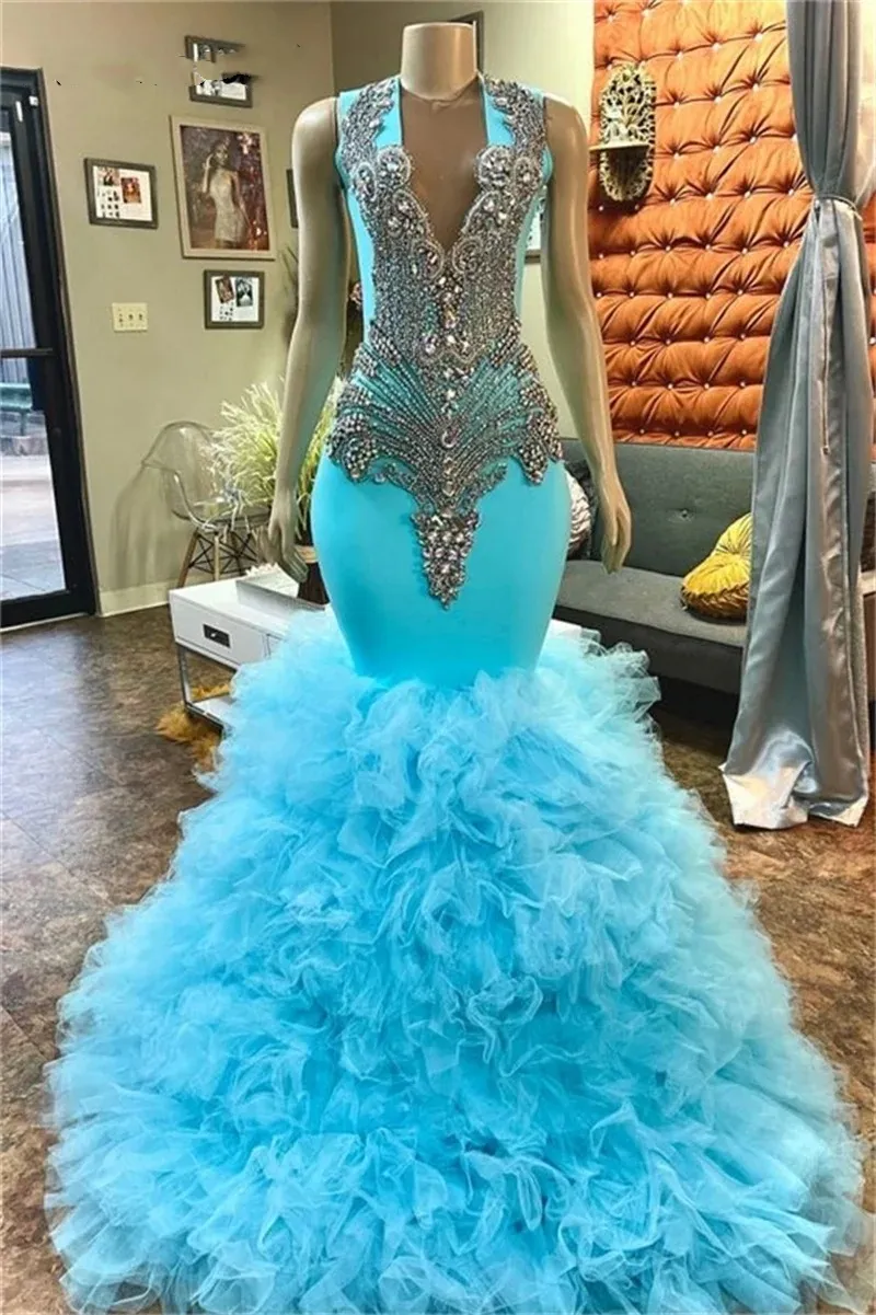 Elegant Blue Prom Dresses Sparkly Diamond Crystal Rhinestones Beading Tiered Ruffle Birthday Party Evening Gown Vestidos