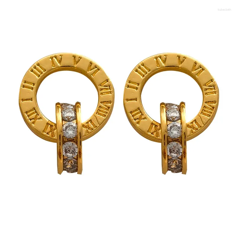 Kolczyki do stadniny Prawdziwe 18 -karne złote splatanie modne sześcienne cyfry cyrkonu rzymskie podwójne koło wodoodporne 316L