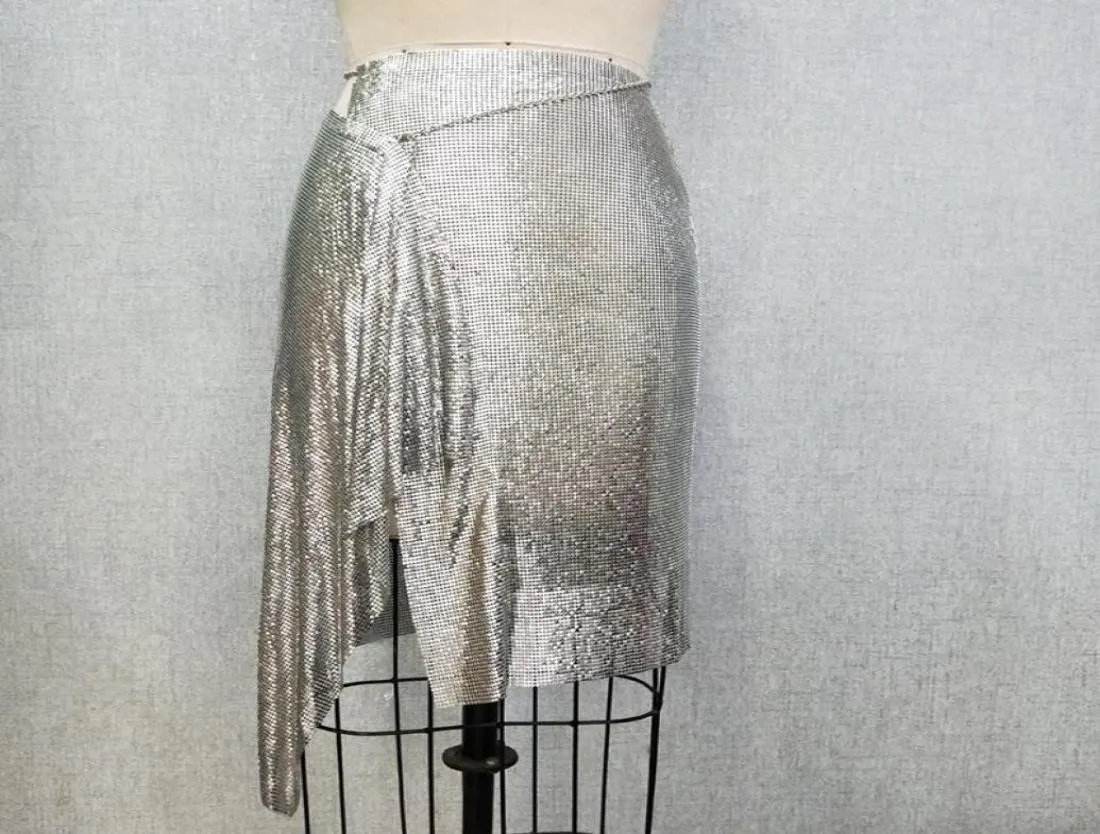 Skirts 2022 Sexy Club Silver Aluminum Sequin Metallic Asymmetric Metal Mesh Chainmail BirthdayParty Skirt1129739