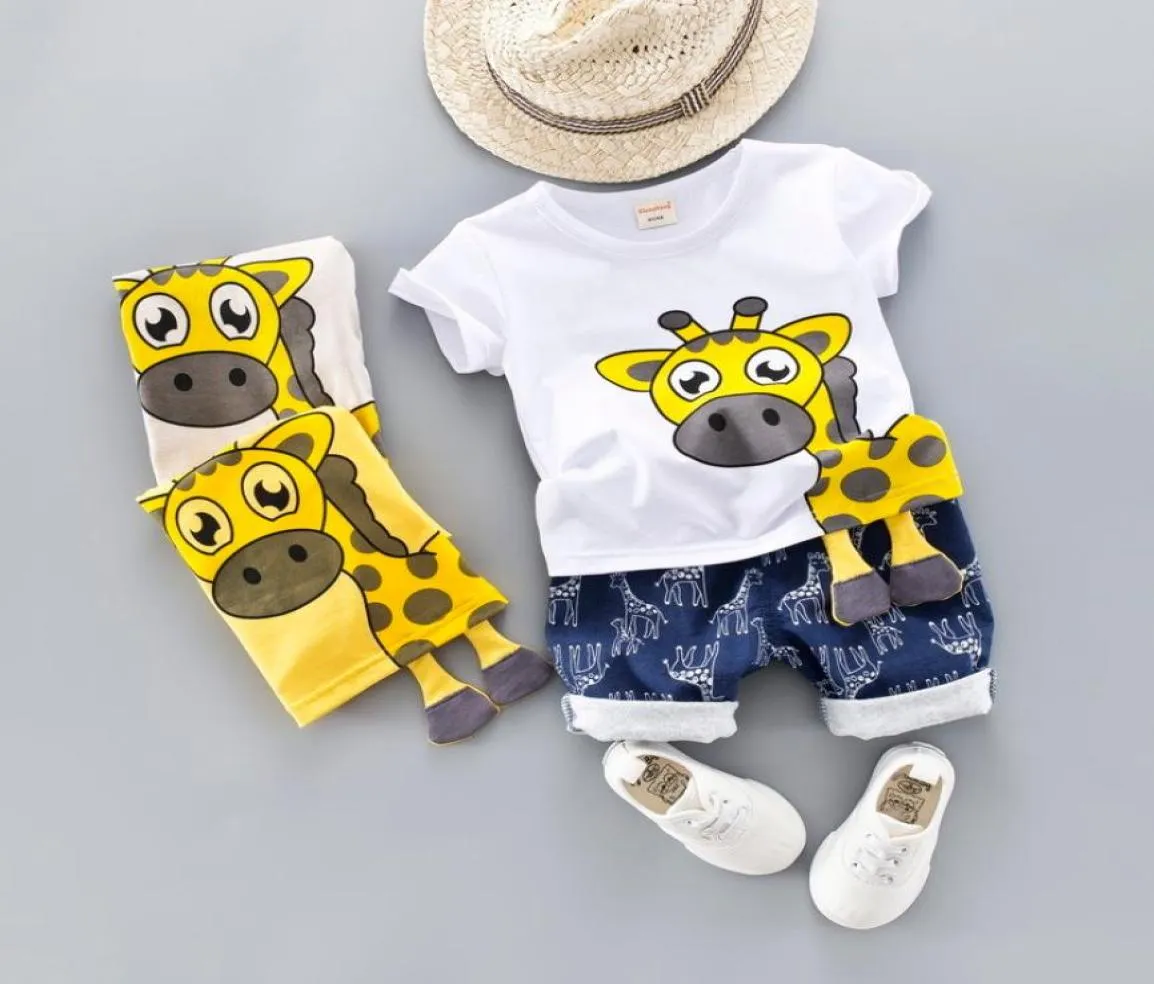 Sommarbarn babykläder set för pojkar 04 år tyg klipp tecknad djur spädbarn kläder giraff topp thirt småbarn outfit 25747271