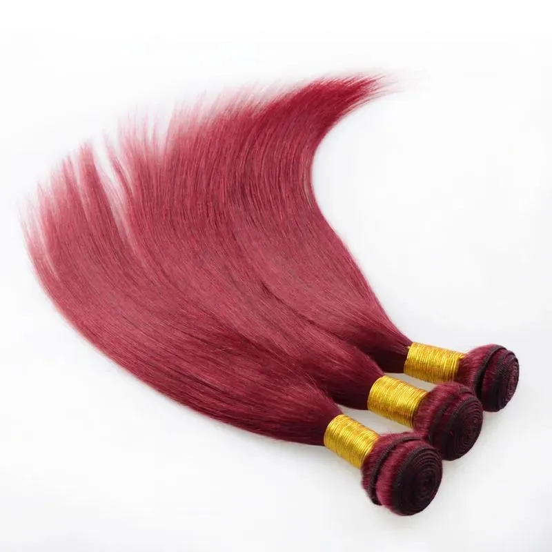 직조 7a 유럽 처녀 머리 직선 3 번의 묶음 기계 직조 이중 꿰매는 99J 100% 처리되지 않은 remy human hair extensions burgundy ha