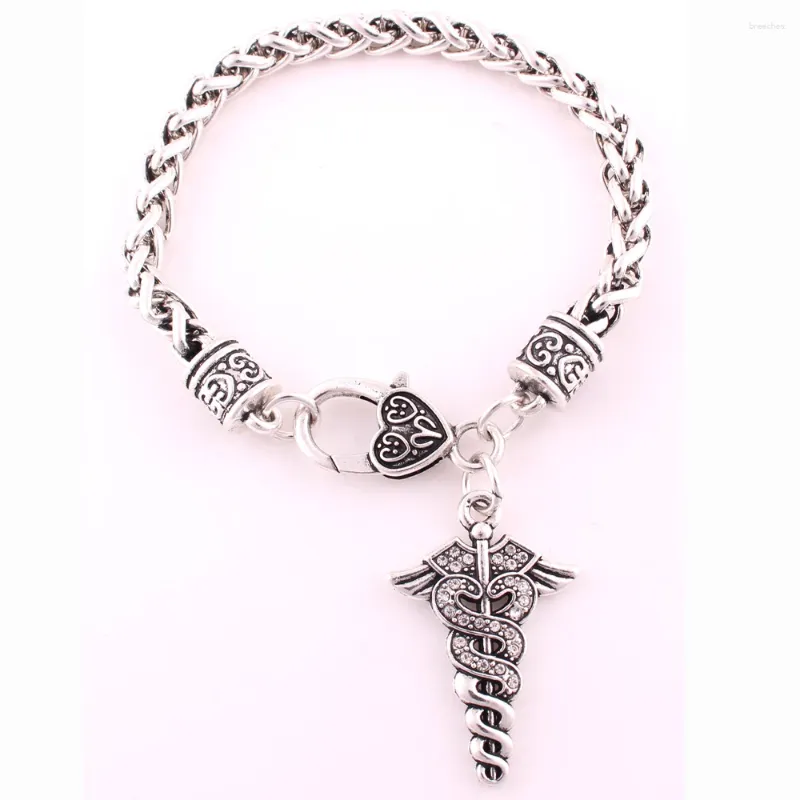 Charm Bracelets CADUCEUS Bracelet Is Embellished With Crystal Rhinestones. Symbol-Two Snakes Winding Up Winged Rod