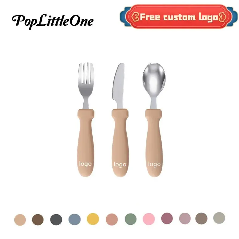 Free Customized Baby Name Design born Feeding Stainless Steel Cutlery Kids Training Fork Spoon Knife Children's Tableware 240102