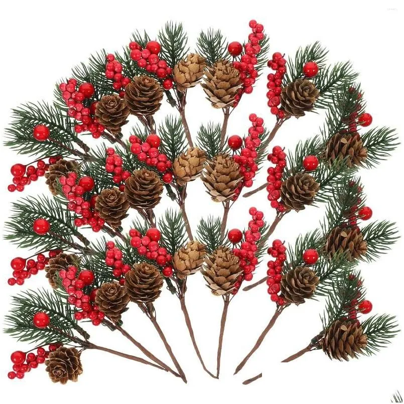 Dekorativa blommor kransar 10 st konstgjorda kotte blommor plockar röda bär grenar xmas träd dekorationer jul fall gåva trä en otx85