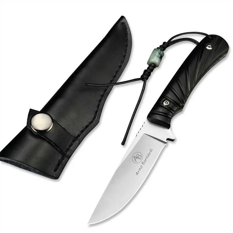 Camping Ebony Handle Fixed Blade Knife Outdoor EDC Survival Hunting with Leather Sheath