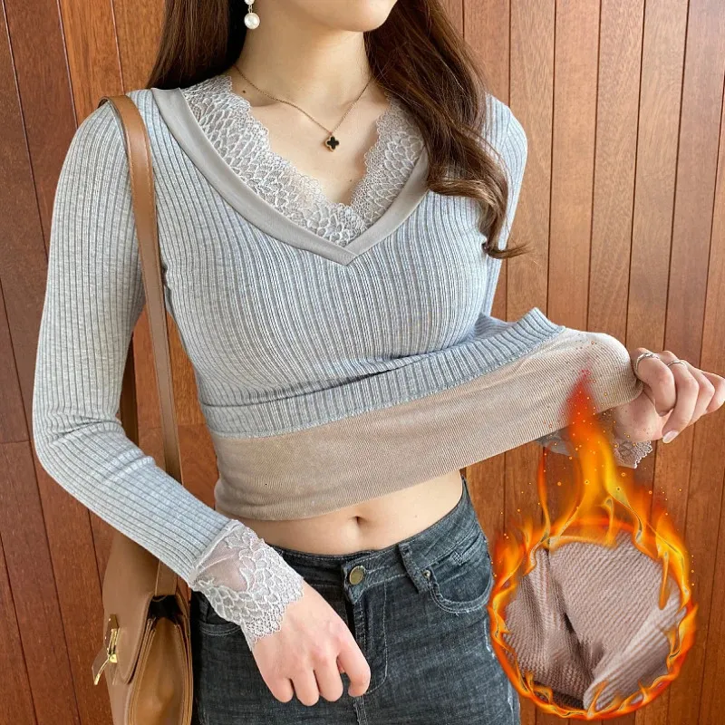 Women Thermal Underwear Velvet Long Sleeve T-Shirt Winter Clothes Thick Knittied V-Neck Lace Bottomed Thermo Blouse 231229