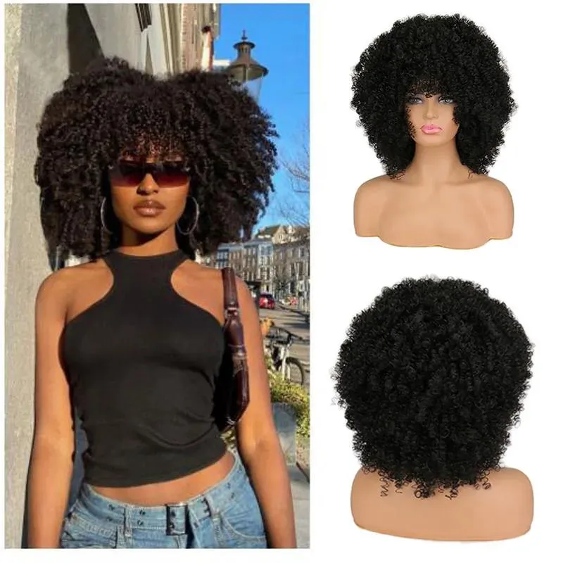 Peruki Kapryśne w syntetyczne krótkie włosy afro perwersyjna peruka z grzywką dla czarnych kobiet naturalne peruki cosplayowe Wysoka temperatura