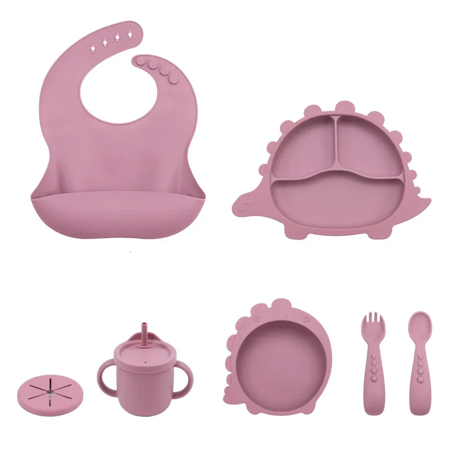 6 Pçs/set Silicone Dsihes Placa Conjunto Babador À Prova D' Água Alimentação Do Bebê Otário Tigela Pratos Do Bebê BPA Livre Garfo Colher Sippy Cup Talheres 231229