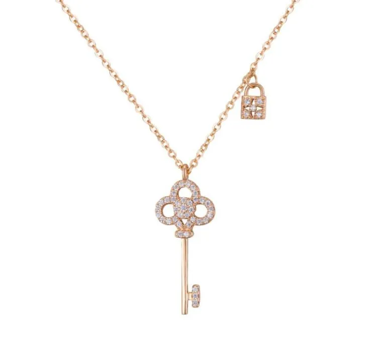 Collier avec pendentif clé en diamant scintillant pour femmes et filles, en zircon, de styliste, joli verrou, or rose, argent 6899410