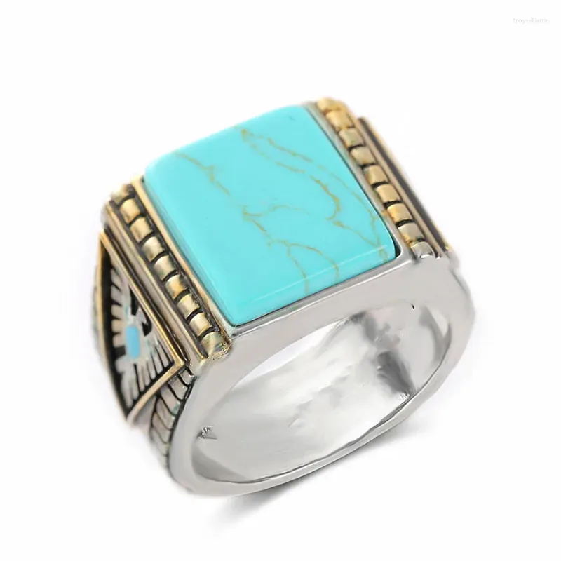 Cluster Rings Fashion Vintage Square Turquoise Stones For Men Feather Carving Accessories Jewelry Bague Masculine Cool Band Gift