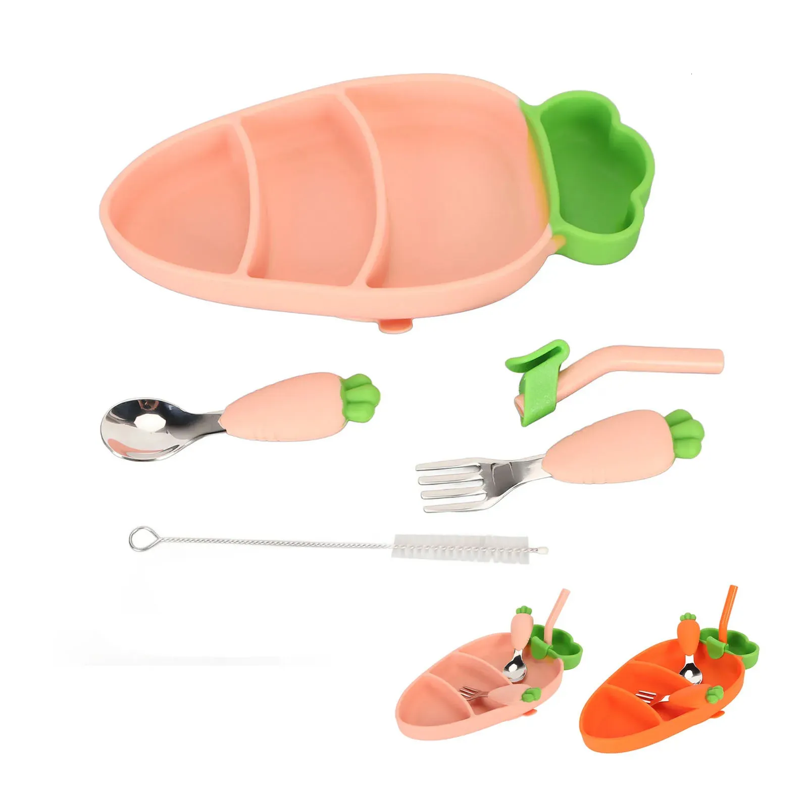 Babyfoderförsörjning Set Baby Silicone Feeding Supplies Set With Fork Spoon Straw Cleaning Brush Morotform Weaning Set 240102